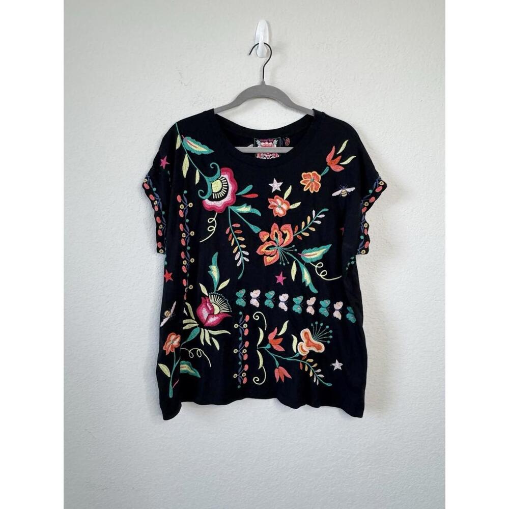 Johnny Was Averi Relaxed Tee Top Black‎ Multicolor Floral Embroidered Sz L Artsy - Picture 4 of 8
